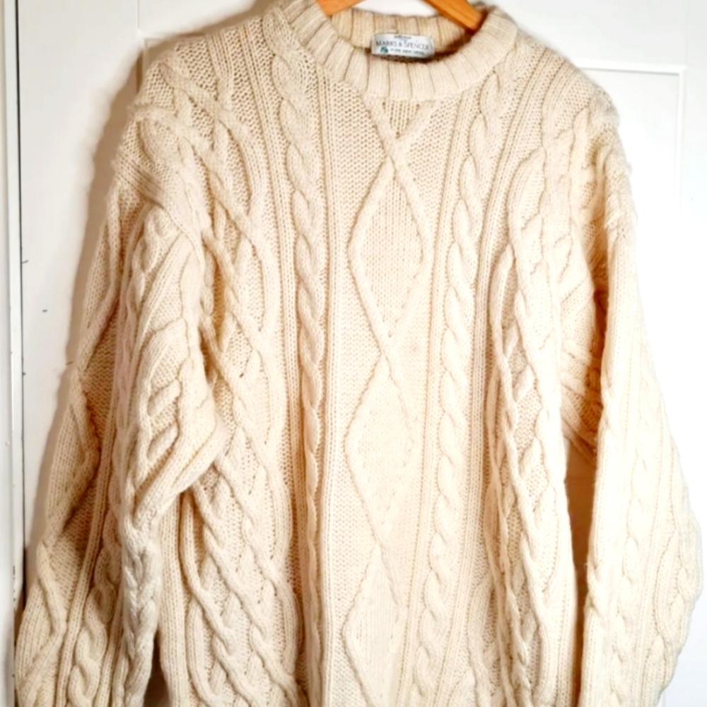 Vintage M&S Pure Wool Cream Cable Knit Scandi Chunky Size L 42" Chest - Picture 1 of 10